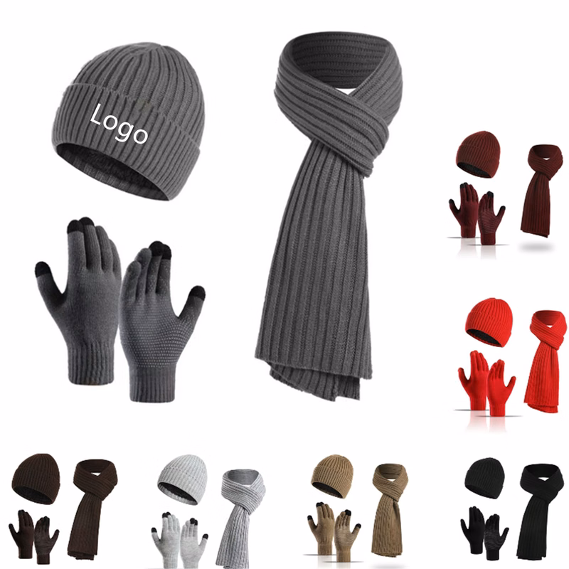 Knitted Beanie Hat Gloves Scarf 3-piece Set