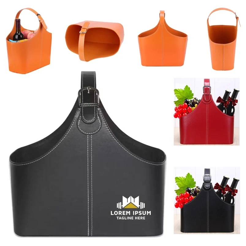 Leather Storage Organizer Gift Basket with Top Handle for Wine, custom tote bag with logo imprint 1