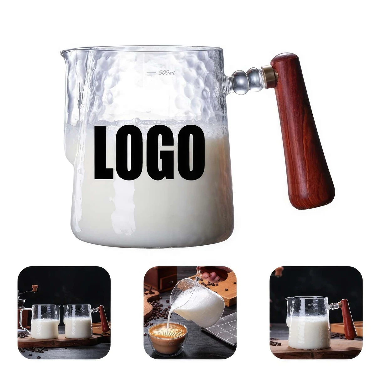 16 OZ. Glass Milk Frothing Pitcher Cup with Wooden Handle 1