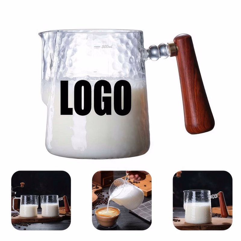 16 OZ. Glass Milk Frothing Pitcher Cup with Wooden Handle
