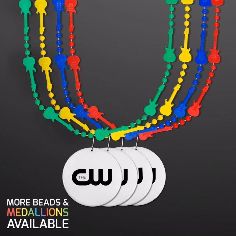 Rock Guitar Necklace Mardi Gras Beads with White Medallion