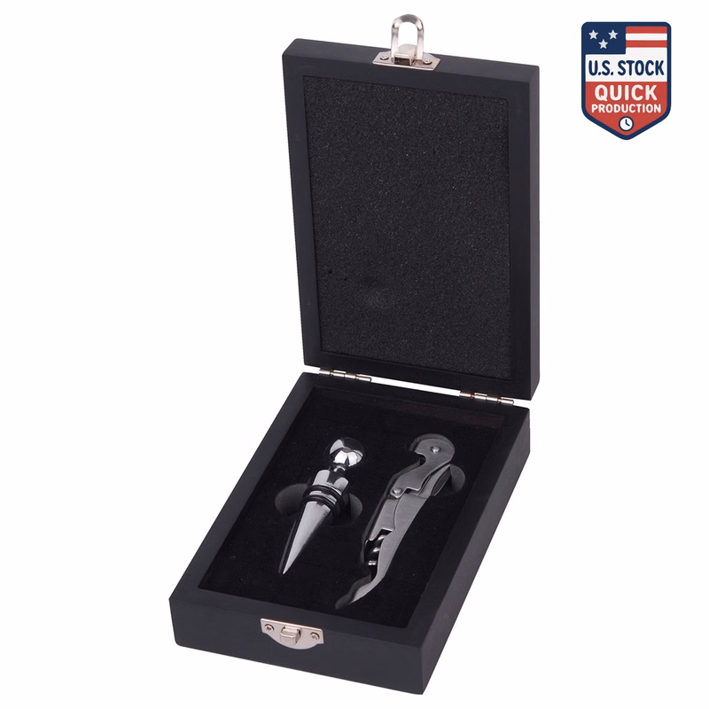 WineVault Veneto Wine Gift Set with Wine Opener, Stopper and Black Wooden Case