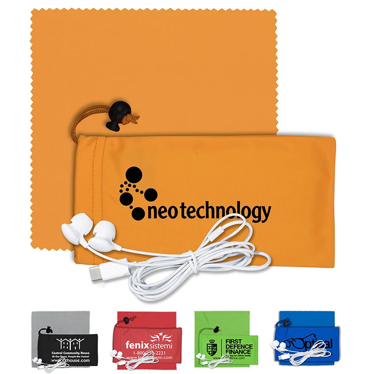 Mobile Tech Earbud Kit with Microfiber Cloth in Microfiber Cinch Pouch 1