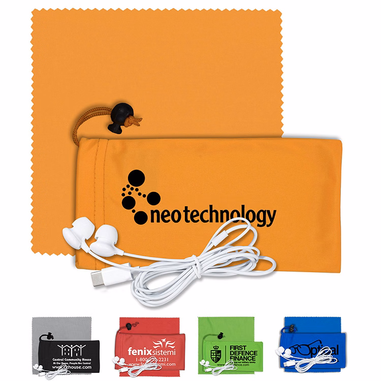 Mobile Tech Earbud Kit with Microfiber Cloth in Microfiber Cinch Pouch