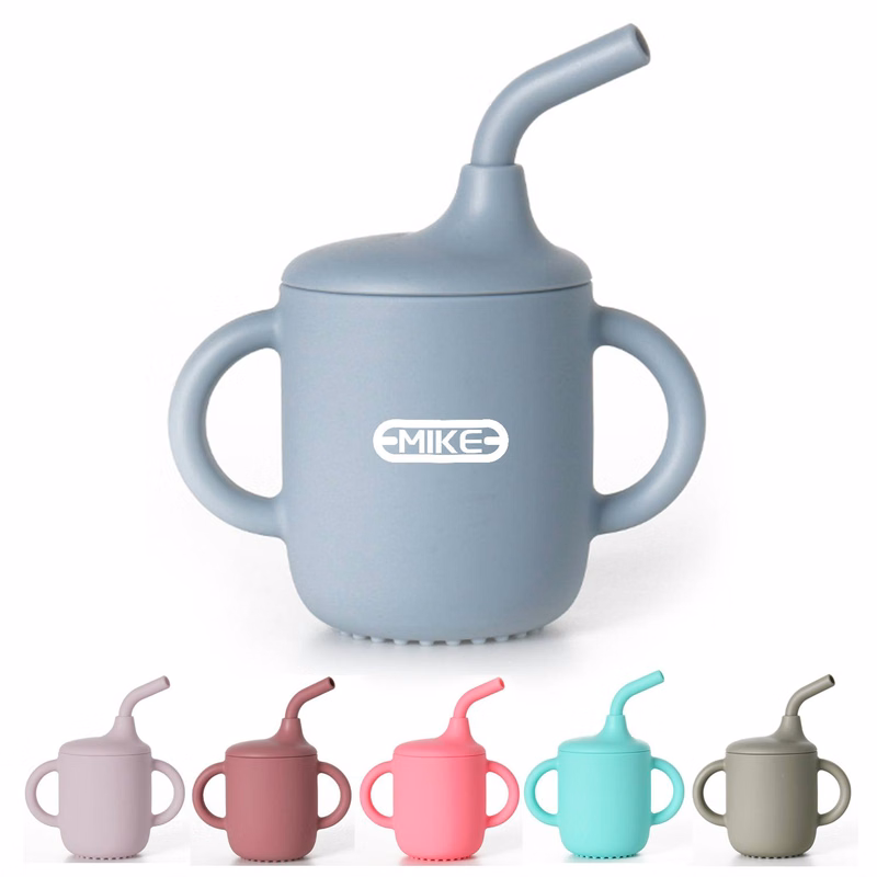 Baby Silicone Drinking Training Cup W/ Handles & Straw