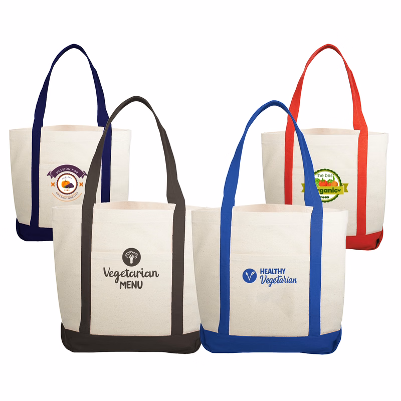 10 oz. Cotton Canvas Boat Tote Bags Front Pocket, Color Contrasting Handle W/ Gusset (12.25" x 14.75" x 5")