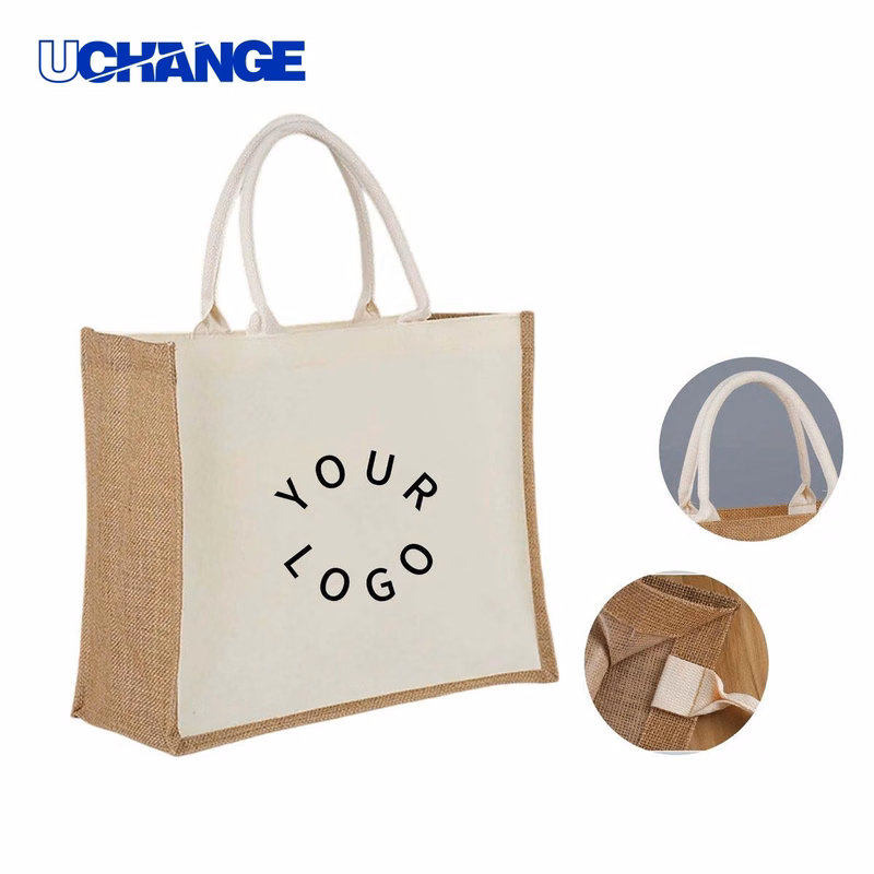 Jute Tote Bag with Canvas Panel Organizer