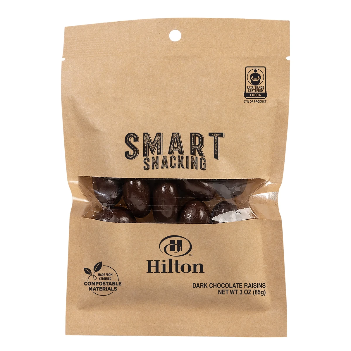 FairTrade Dark Chocolate Raisins in Compostable Kraft Pouch 1