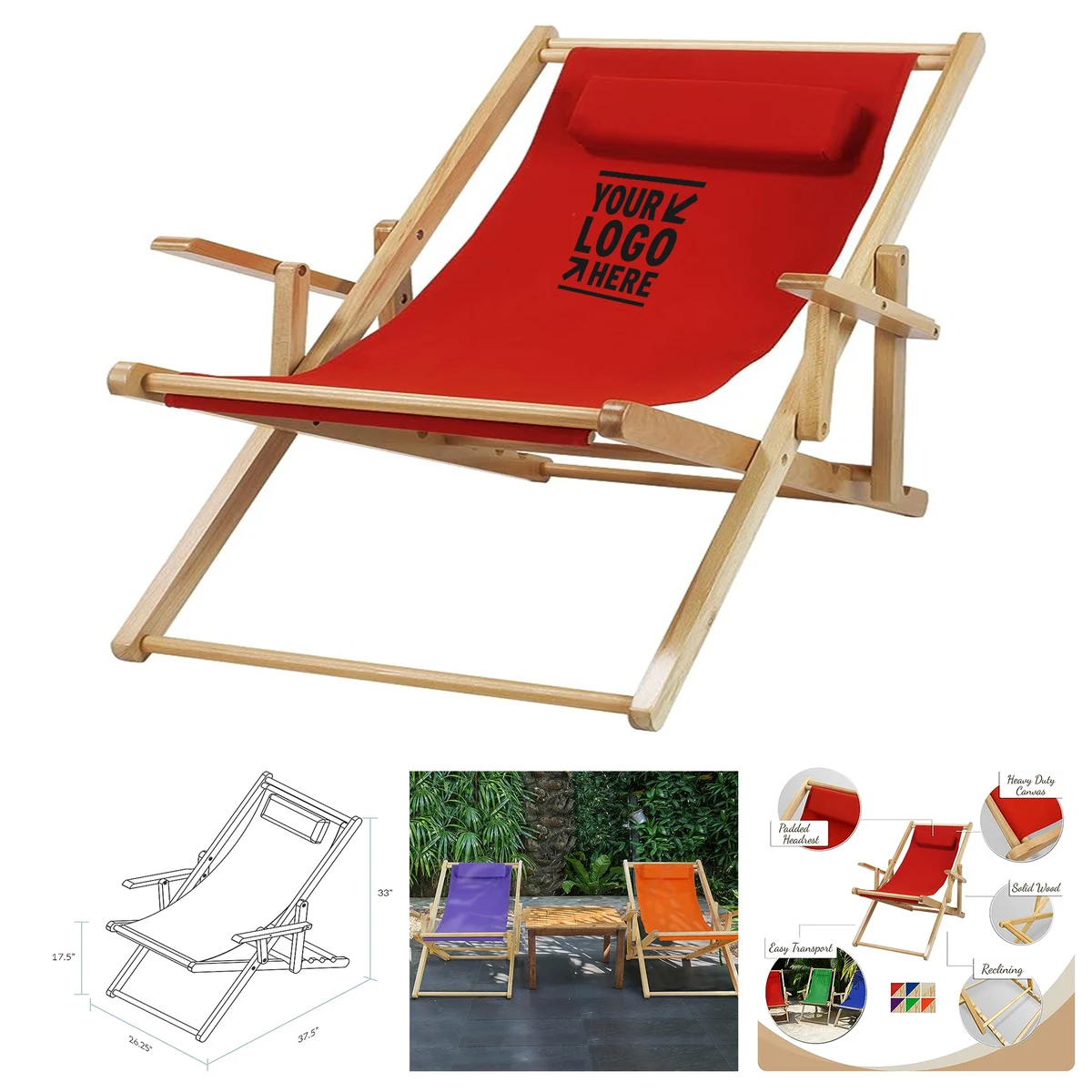 Portable Natural Frame Red Canvas Sling Chair
1