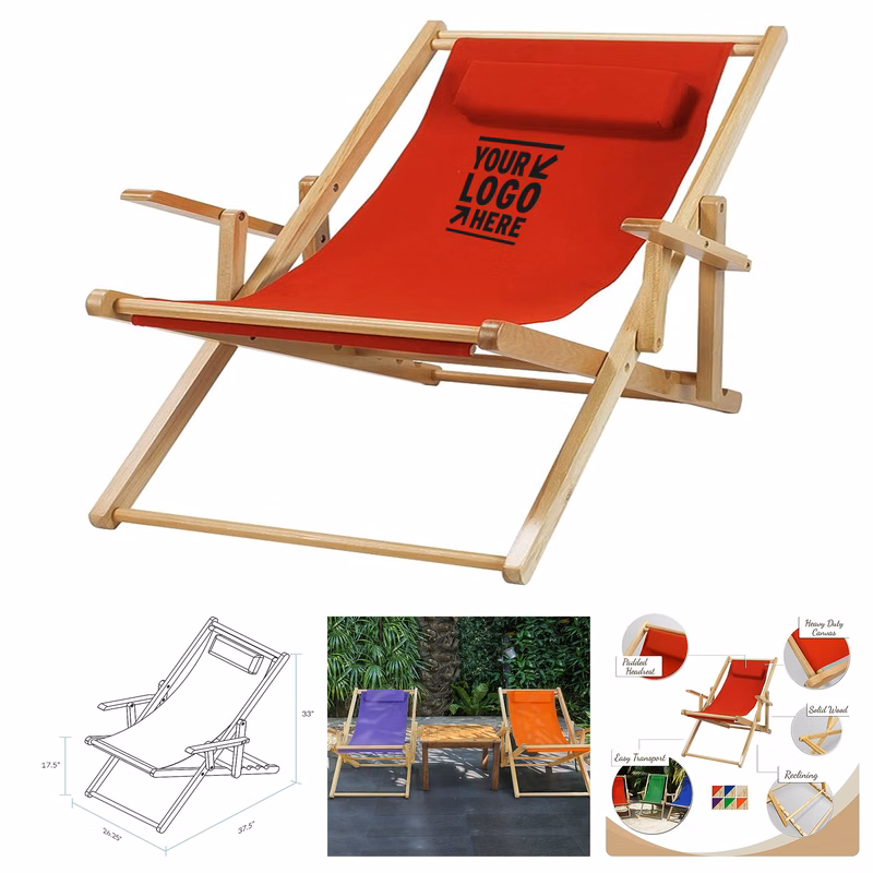 Portable Natural Frame Red Canvas Sling Chair