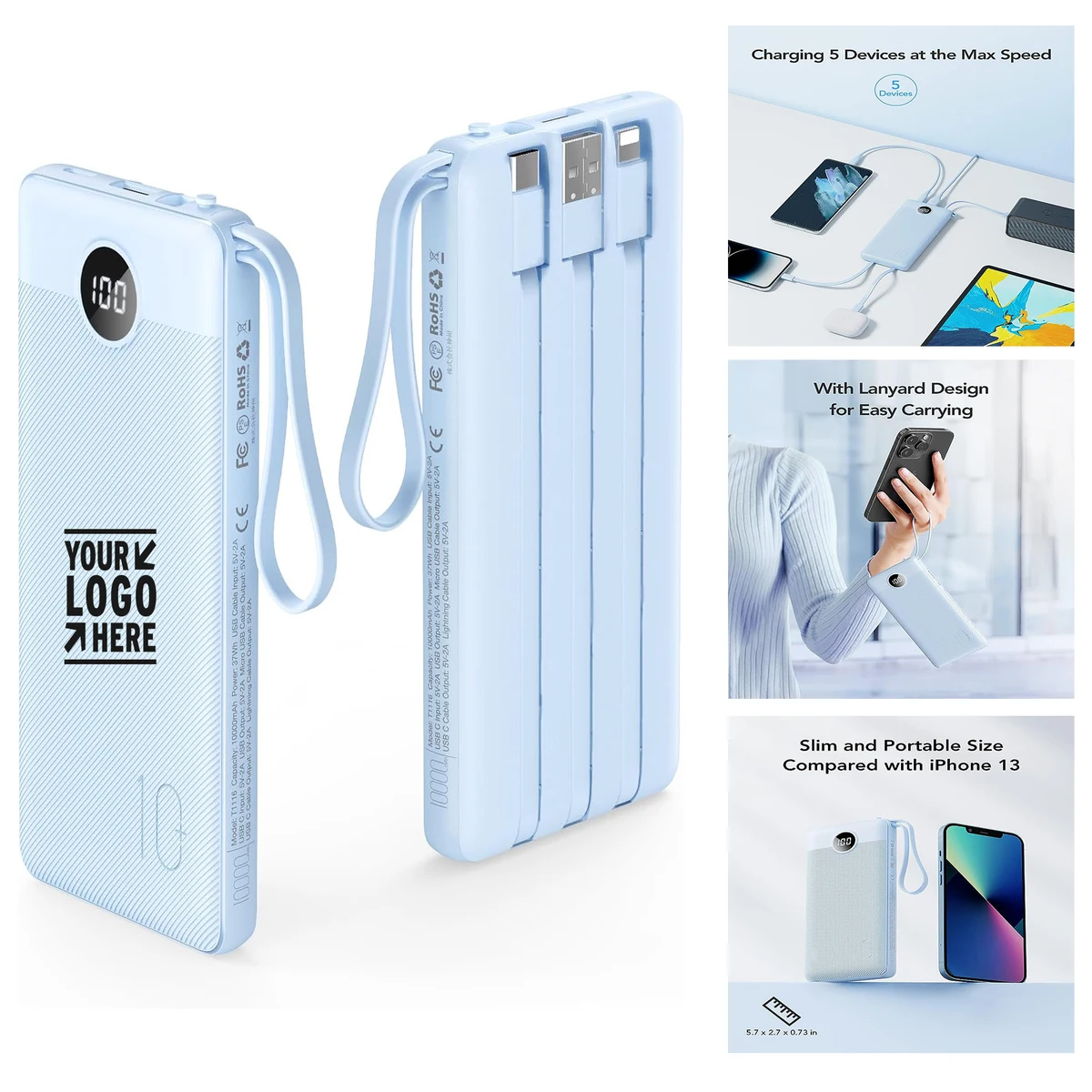 Portable Built-in Cables 10000mAh AC Wall Plug USB Type C LED Display Phone Charger Power Bank 1