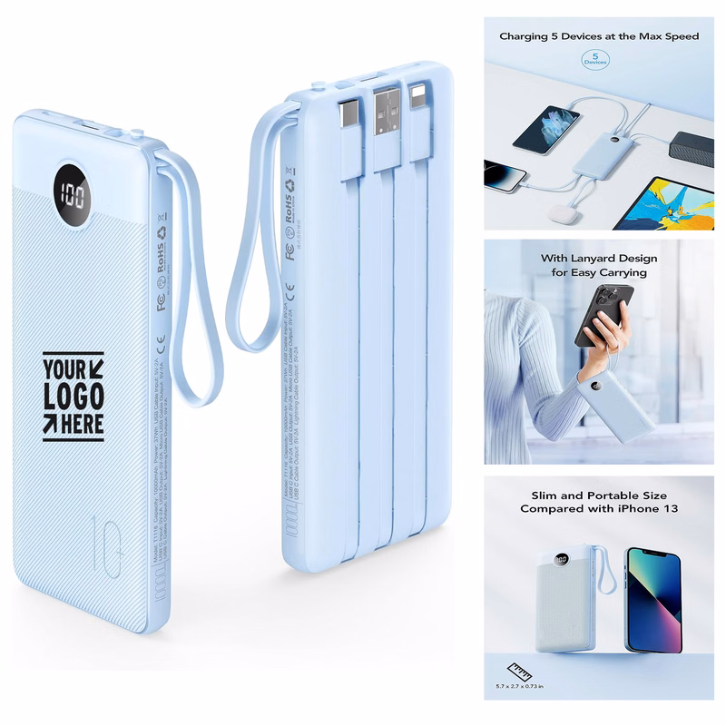 Portable Built-in Cables 10000mAh AC Wall Plug USB Type C LED Display Phone Charger Power Bank    
