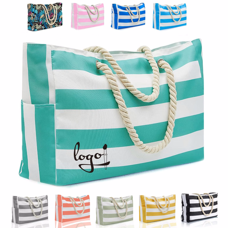 MOQ20 Striped Canvas Beach Tote With Rope Handle