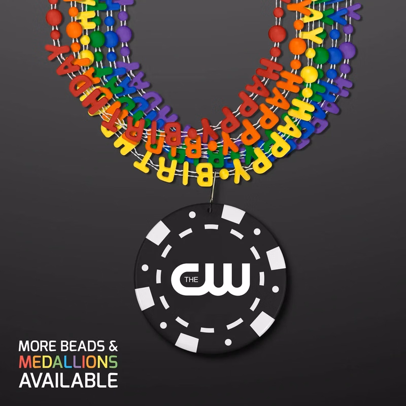 Happy Birthday Beads Necklaces w/ Black Poker Chip Medallion