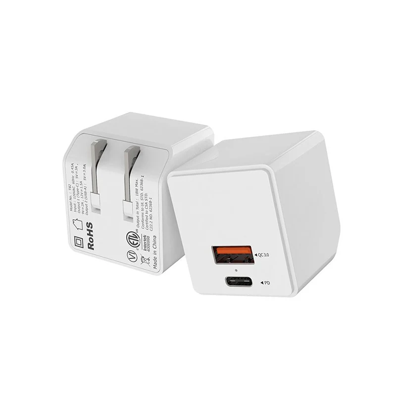 Dual Port USB Foldable Wall Plug Charger - PD 18W + QC3.0 1