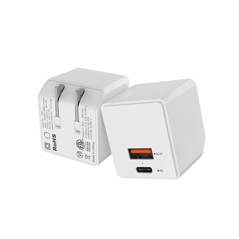 Dual Port USB Foldable Wall Plug Charger - PD 18W + QC3.0