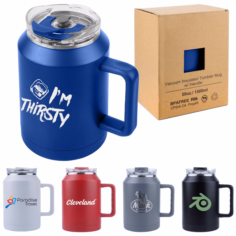 50 oz. Wide Body Stainless Steel Vacuum Insulated Travel Tumbler Mug with Handle