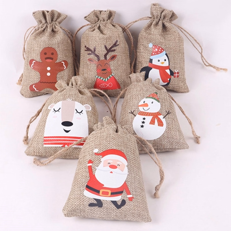 Christmas Gift Linen Drawstring Bag
