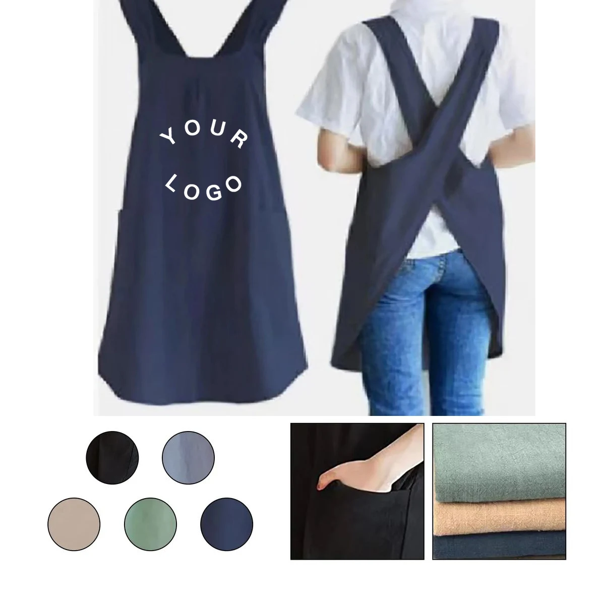 Durable Apron with Cotton Linen Fabric and No Tie Straps 1