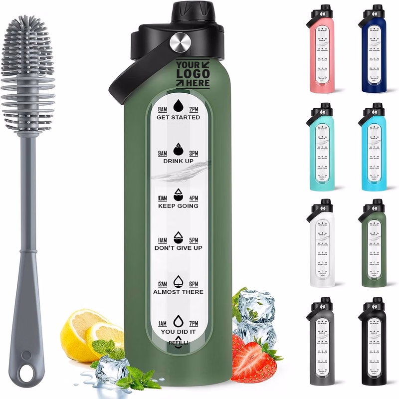 32 Oz BPA Free Reusable Times To Drink Borosilicate Glass Water Bottle With Silicone Sleeve