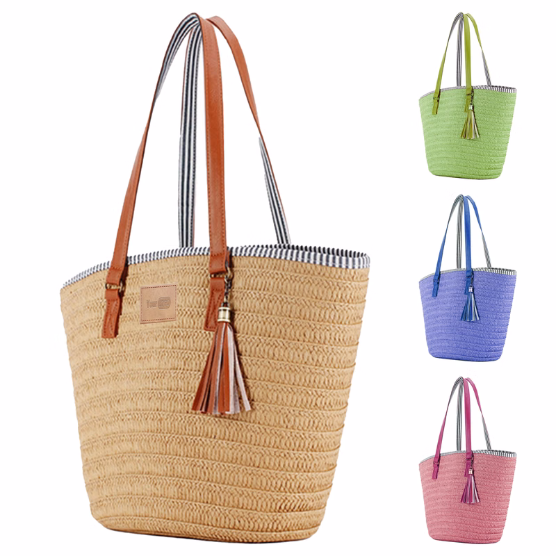 Paper Rope Eco-Friendly Straw Tote Bag With Stylish Tassel And Leather