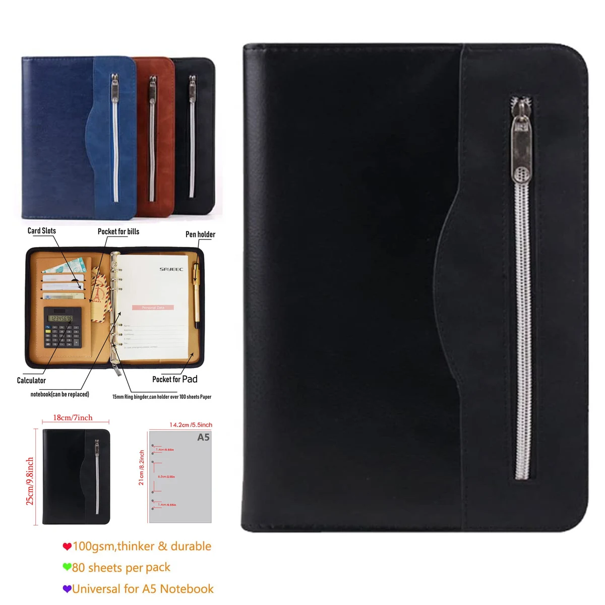 A5 Executive Conference Folder Business Notebook Zipped Organizer with Calculator 1