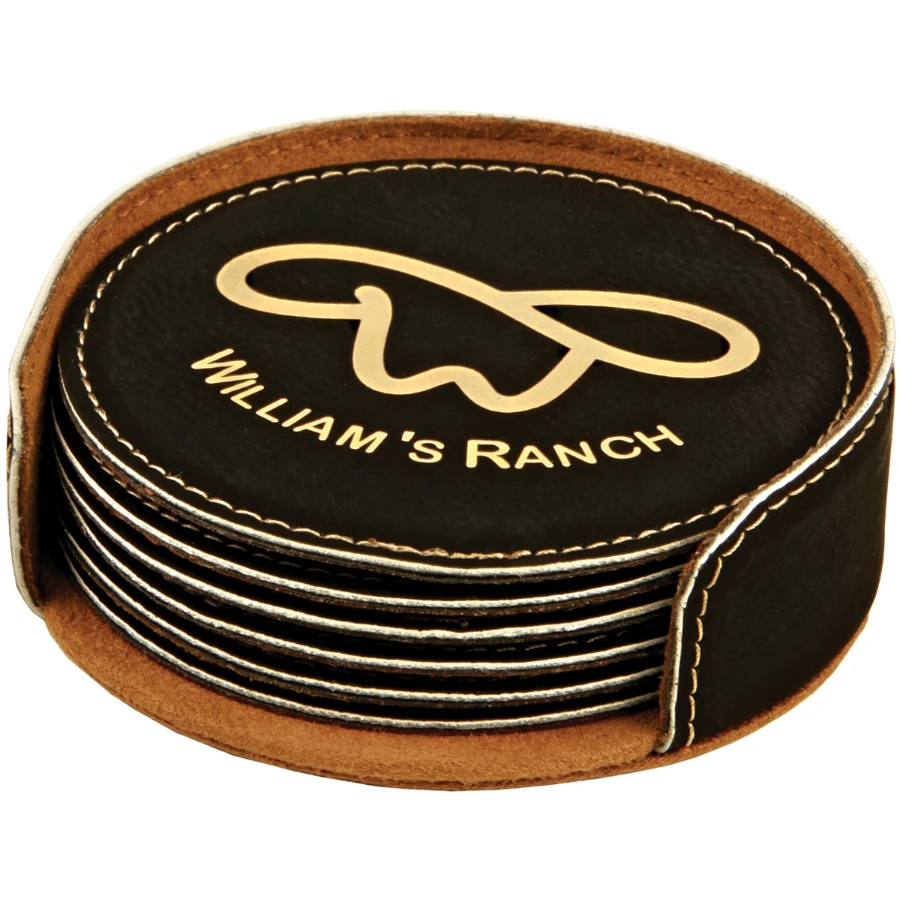 4" Black/Gold Round Leatherette 6-Coaster Set 1