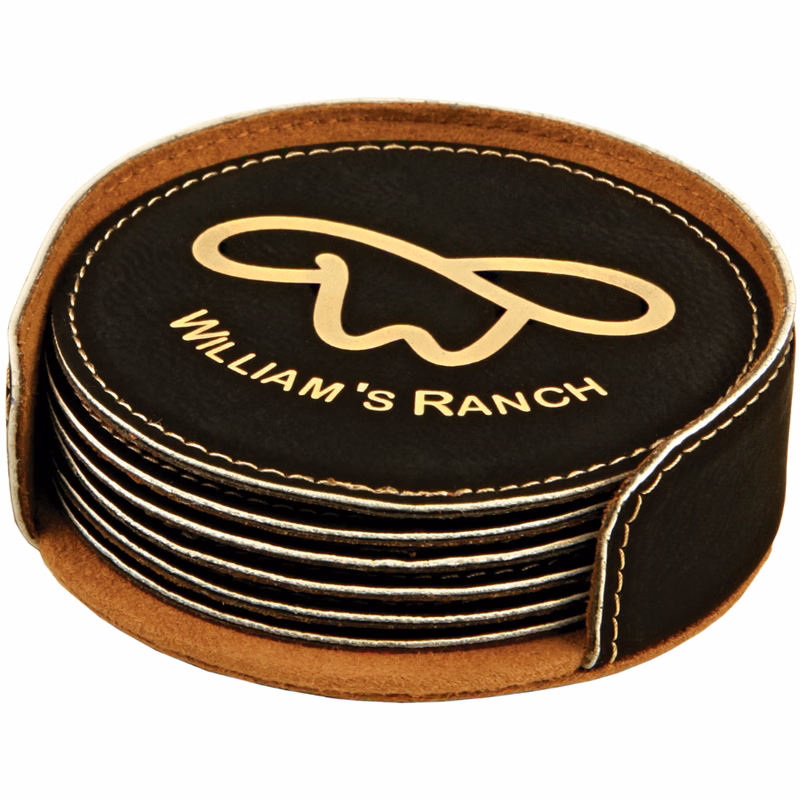 4" Black/Gold Round Leatherette 6-Coaster Set