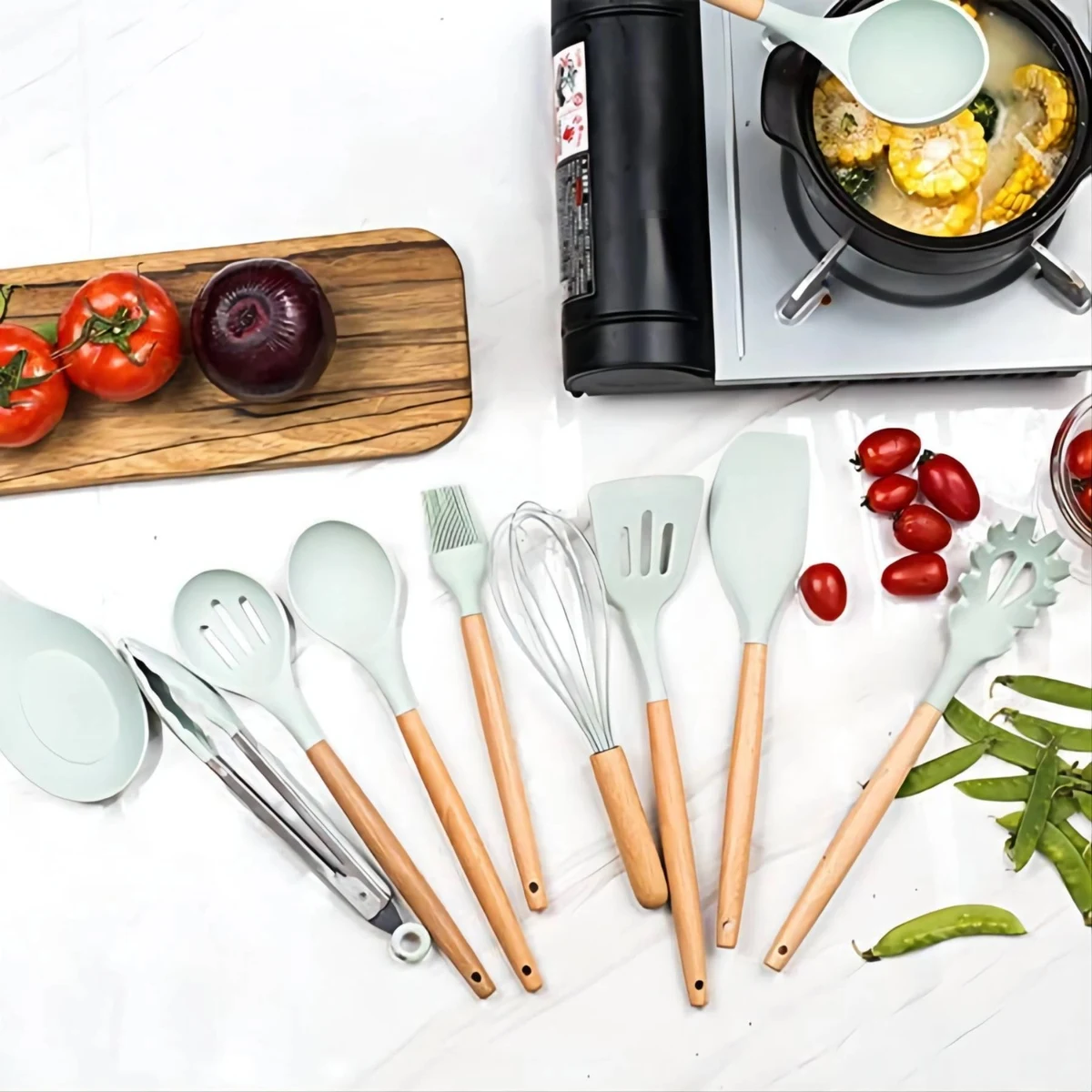 Silicone Kitchen Utensils Set with Wooden Bamboo Handles 1