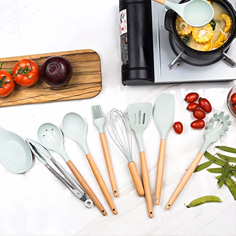 Silicone Kitchen Utensils Set with Wooden Bamboo Handles