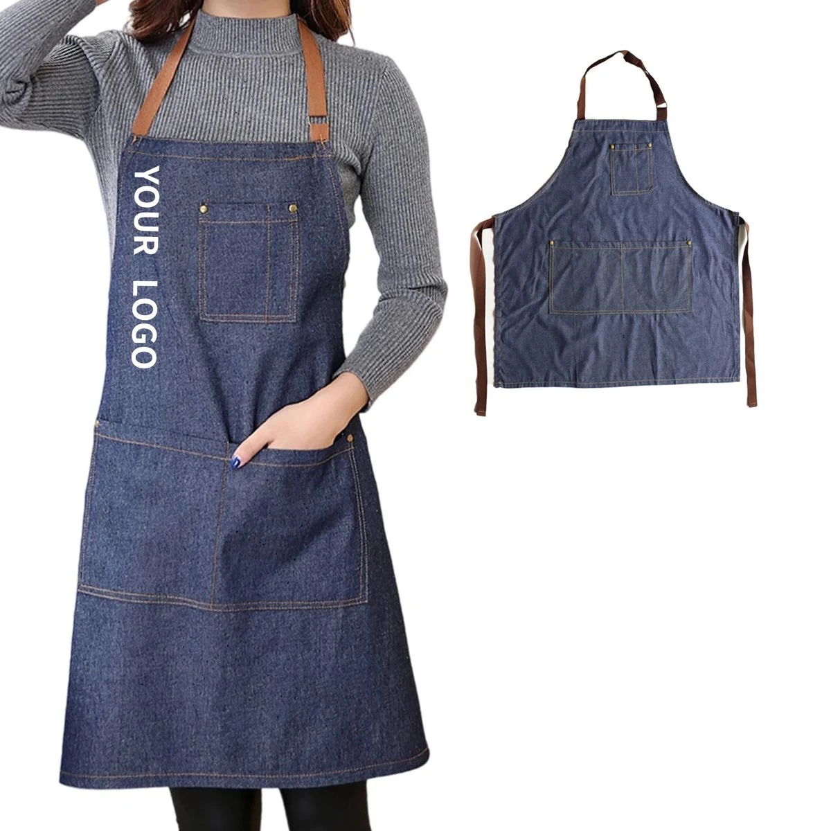 Adjustable Denim Bib Apron with Multiple Pockets 1