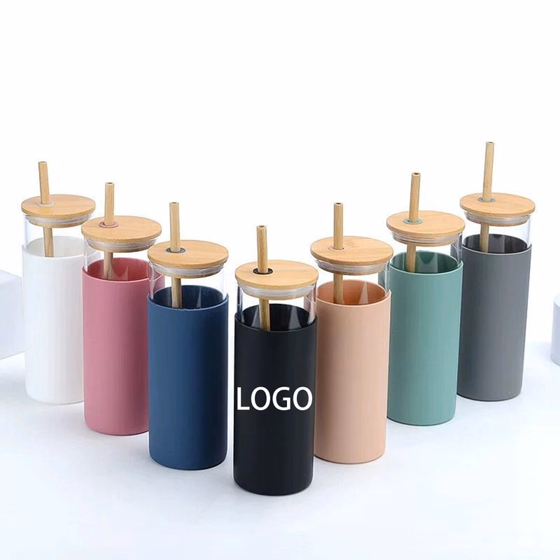 20Oz Custom Logo Glass Cup With Silicone Sleeve And Straw