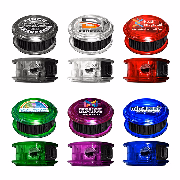 Round Pencil Sharpener with Sliding Cover and Full Color Decal