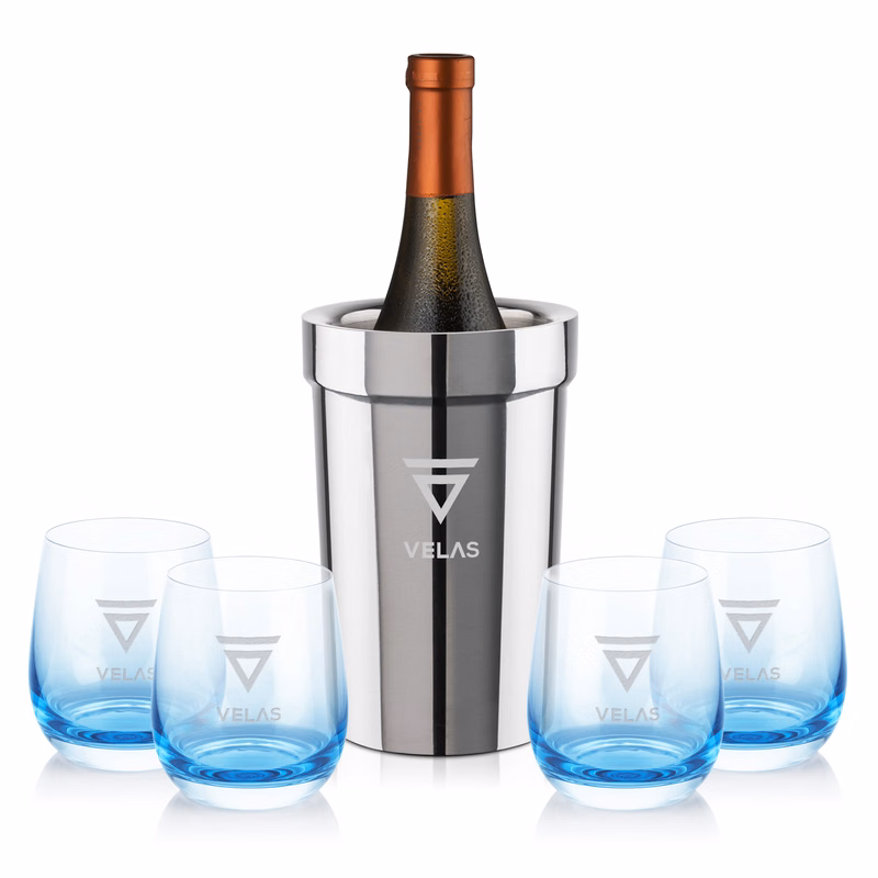 Milano Wine Cooler & Soudan Blue Stemless Wine