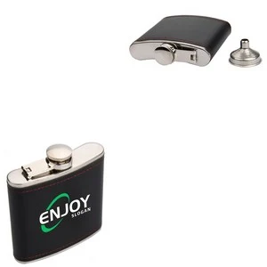 6oz Black PU Leather Stainless Steel Flask Set With Funnel, custom water bottle with logo imprint 1