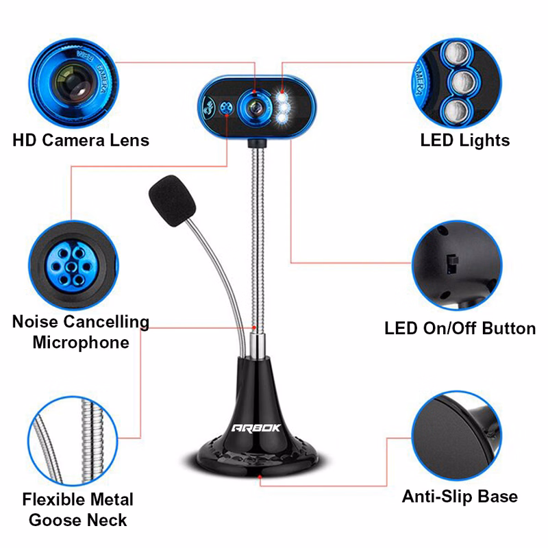 USB Webcam with Microphone & LED Light on Flexible Gooseneck for Streaming & Video Calls