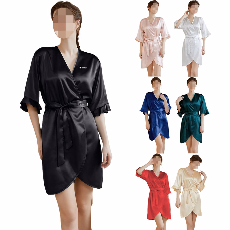 Women Summer Short Sleeve Ruffled Hem Bathrobe