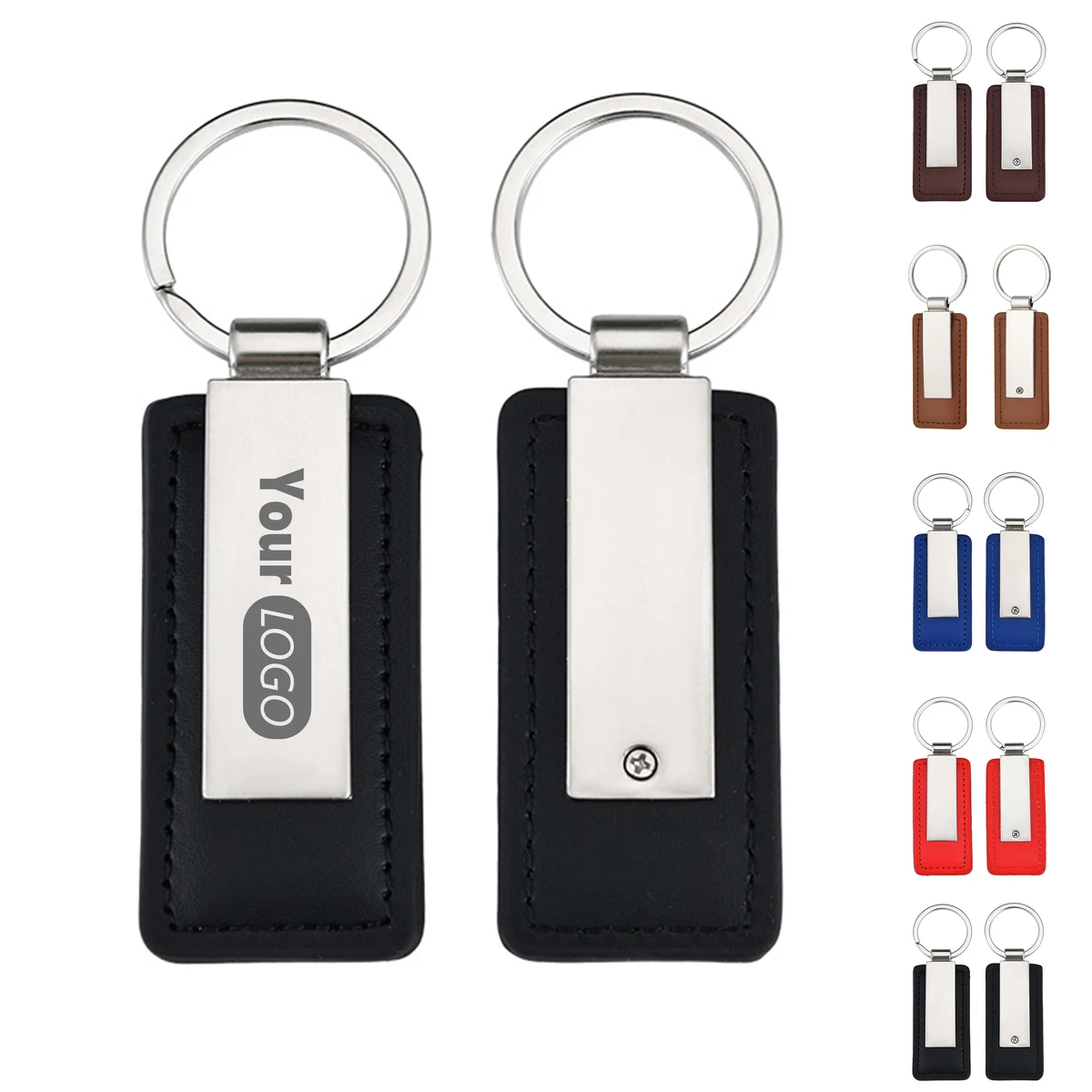 Rectangular Metal Keychain With Leather Accent 1