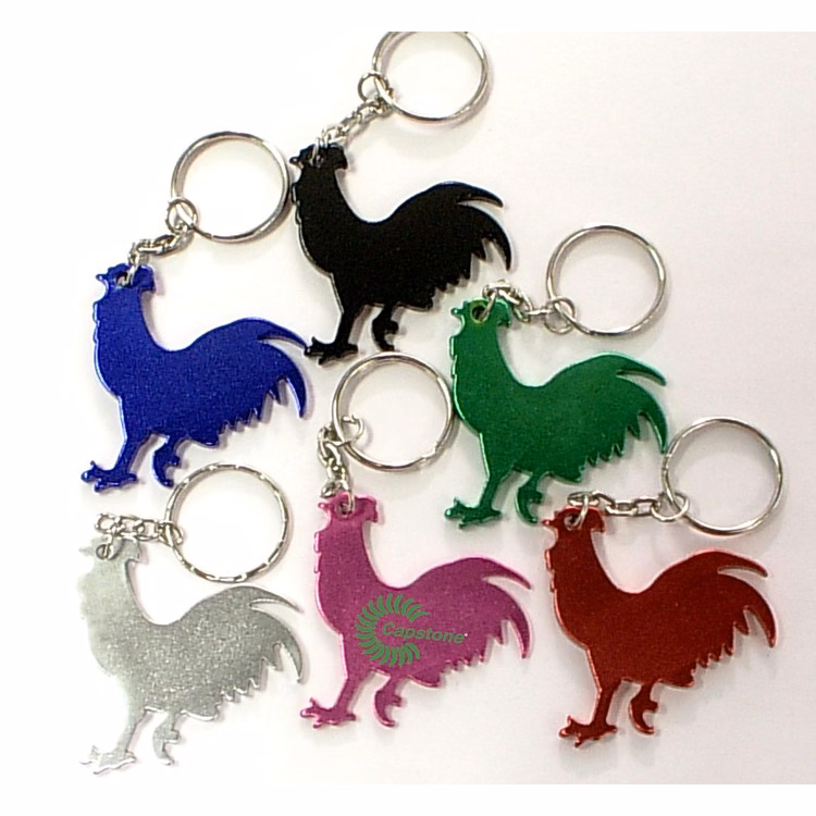 Rooster shape bottle opener with key chain.