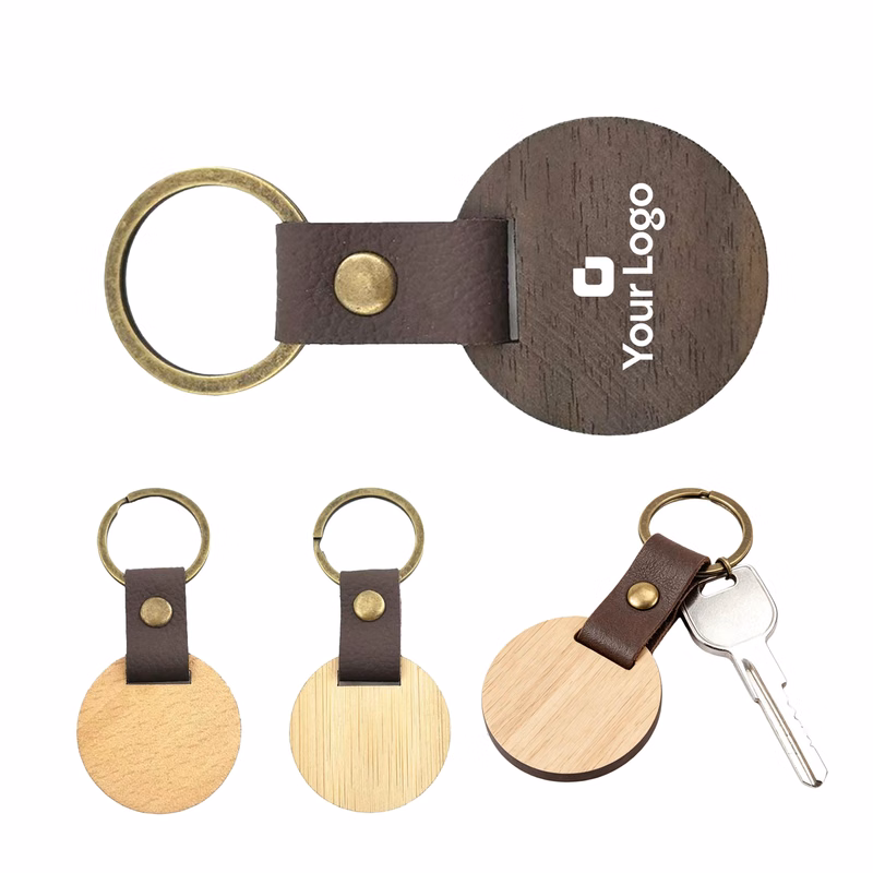 Wooden Keychain PU Leather Strap Custom Engraving