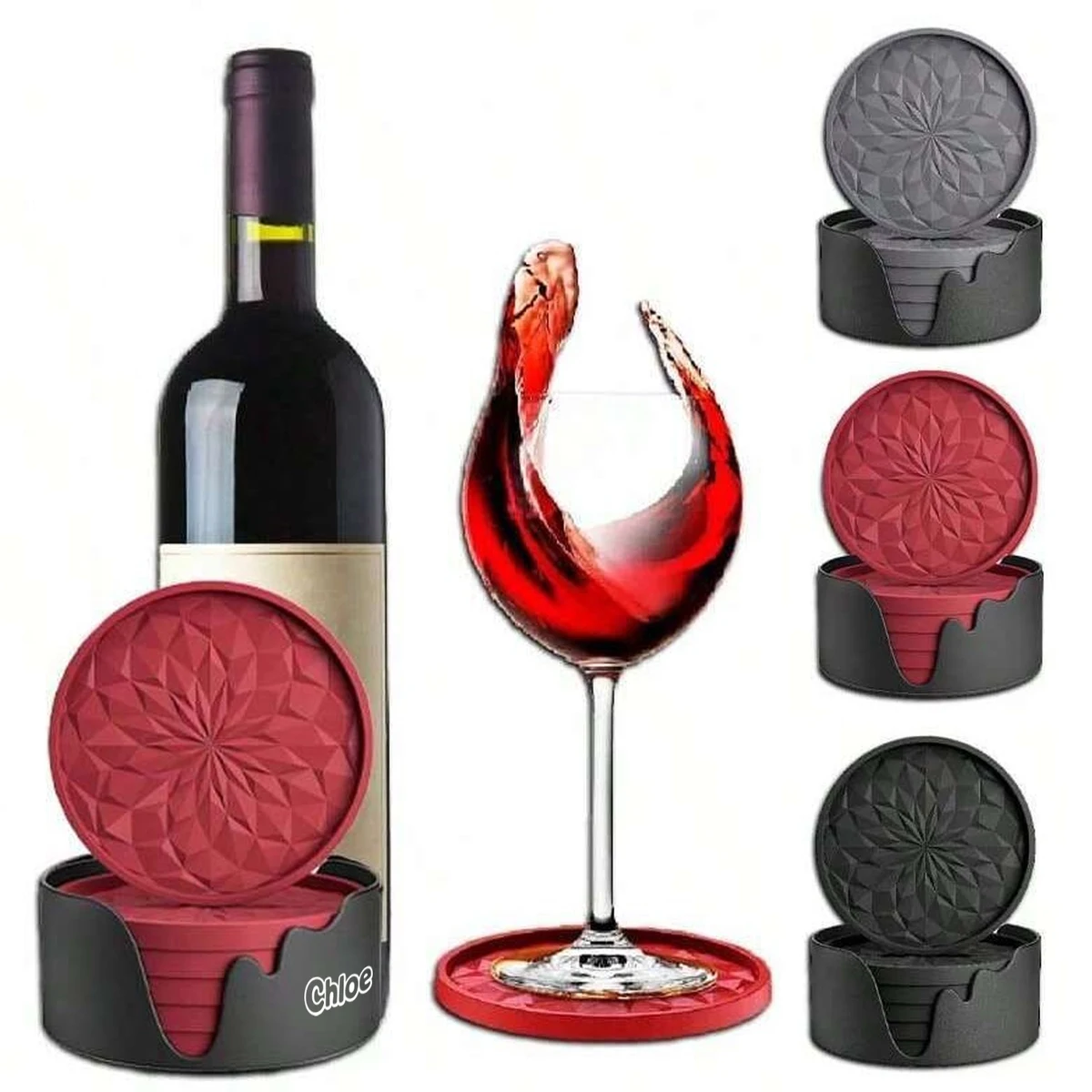 6 Pack Thick Non Slip Silicone Coasters Set w/ Holder 1