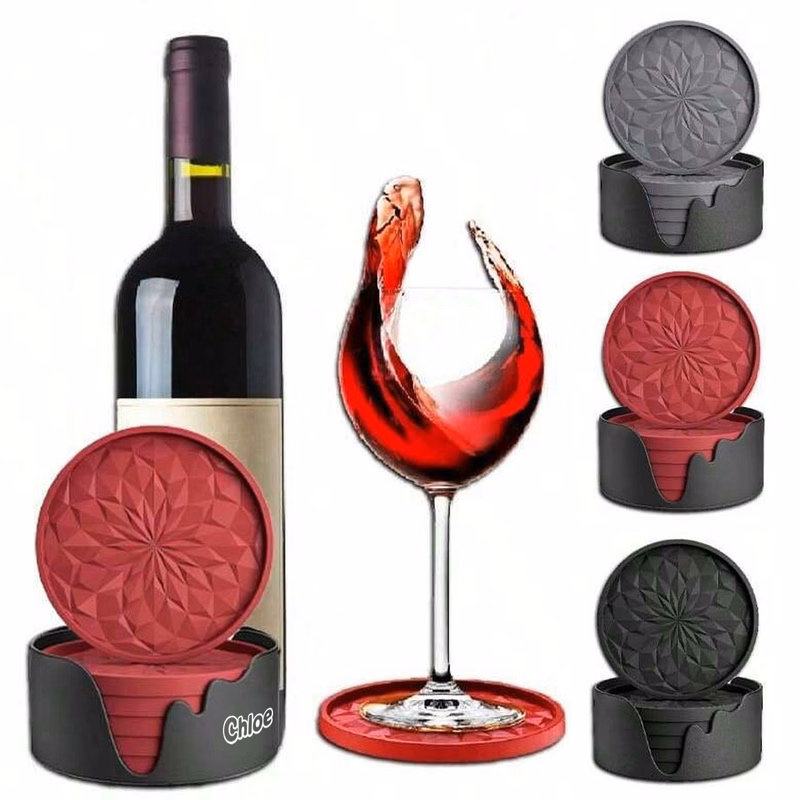 6 Pack Thick Non Slip Silicone Coasters Set w/ Holder