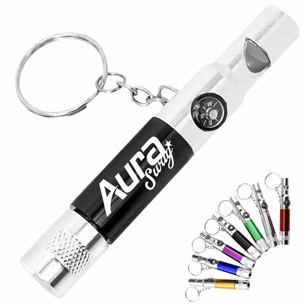 Custom Aluminum 3-in-1 Whistle Flashlight Compass Keychain — Outdoor Safety