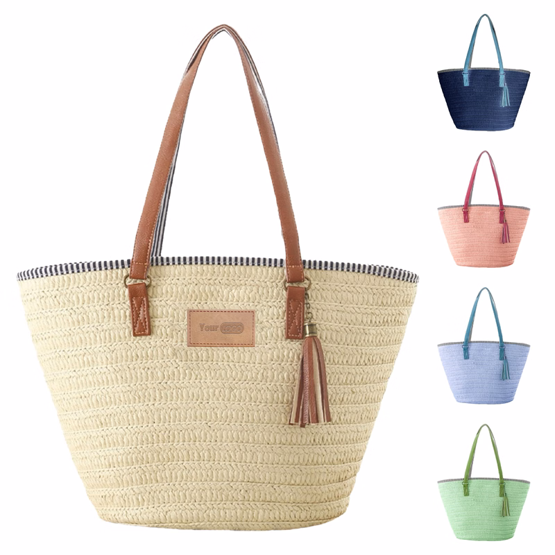 Paper Rope Chic Straw Tote Bag With Leather Straps And Tassel Accent