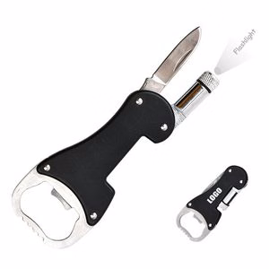 3 In 1 Steel and Aluminum Bottle Opener With Flashlight And Knife