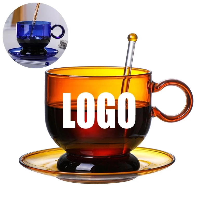 Custom 12 OZ. Glass Tea Cup Coffee Mug with Saucer Set 1