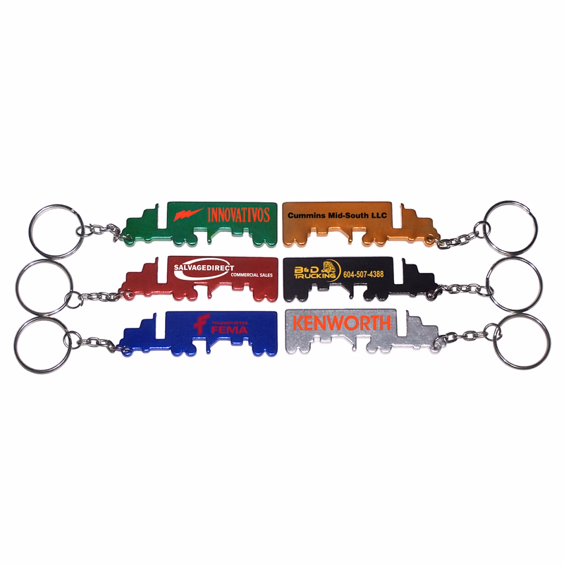 Truck shape bottle opener with key chain.