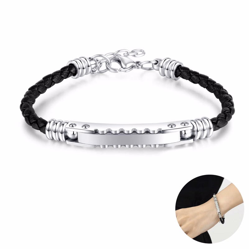 Stainless steel woven leather bracelet