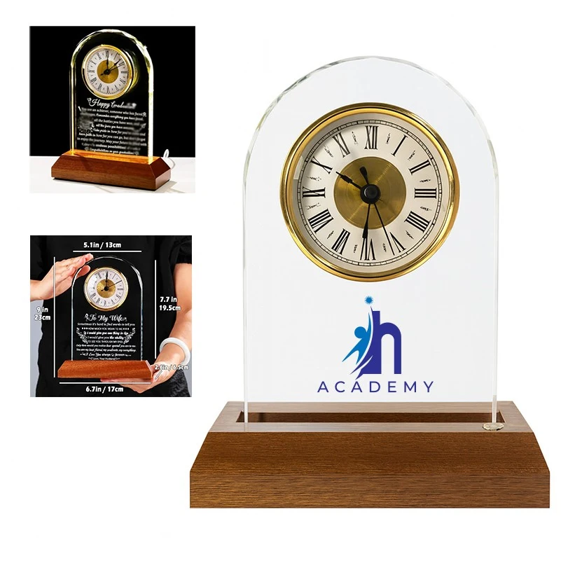 Quartz Crystal Engravable Table Clock Glass Office Desk Clock Awards Plaque Wooden Base 1