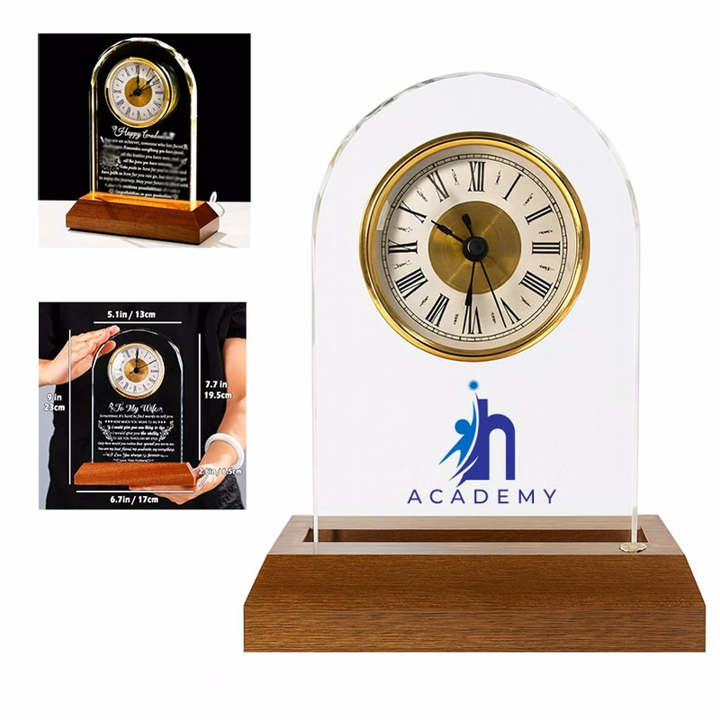Quartz Crystal Engravable Table Clock Glass Office Desk Clock Awards Plaque Wooden Base